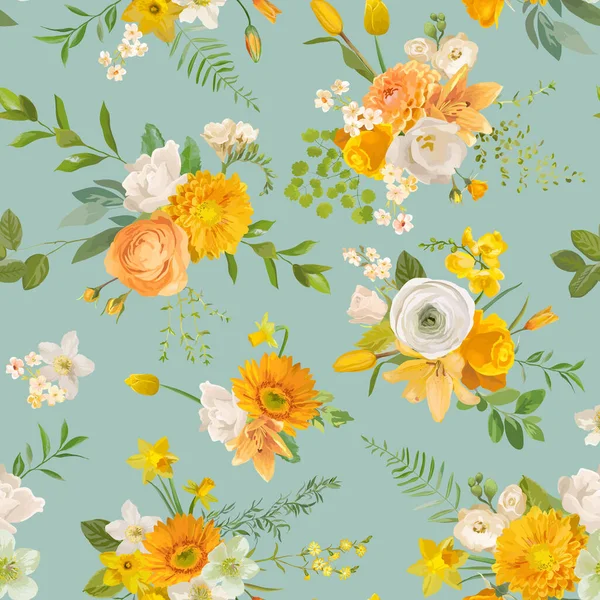Voorjaar gele bloemen aquarel patroon, naadloze bloemen zomer achtergrond. Vector trendy bloesem textuur — Stockvector