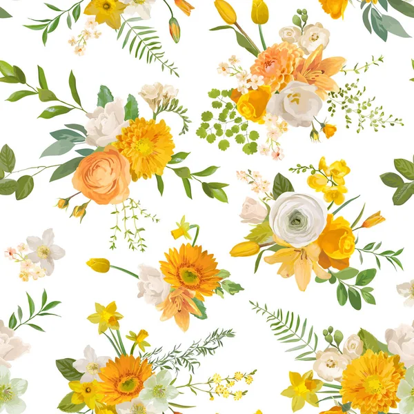 春の花の水彩画の背景、シームレスな花夏のパターン。ベクトルトレンディーな花の質感 — ストックベクタ