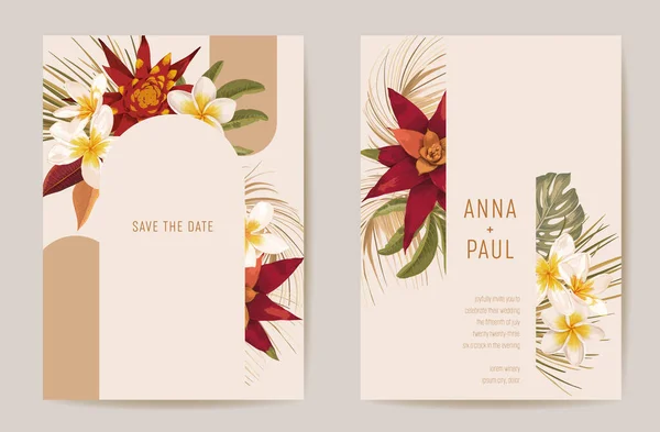 Boda invitación boho tropical de hojas de palma tarjeta. Marco conjunto de hojas secas moderno vector de plantilla mínima — Archivo Imágenes Vectoriales