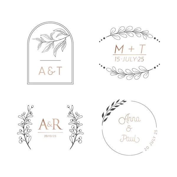 Bloemen trouwmonogram set, moderne minimalistische kransen, laurier vector sjablonen voor Uitnodiging — Stockvector