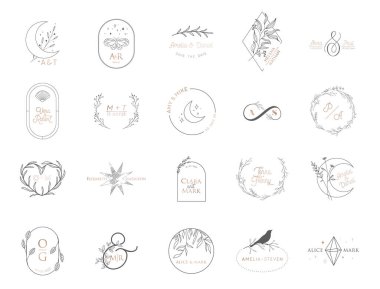 Düğün monogram vektör koleksiyonu. Modern minimalist çiçek şablonları. Davet Çelengi
