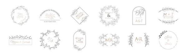 Monograma de casamento coleção moderna, modelos de vetor floral minimalista, coroa de flores para convite — Vetor de Stock