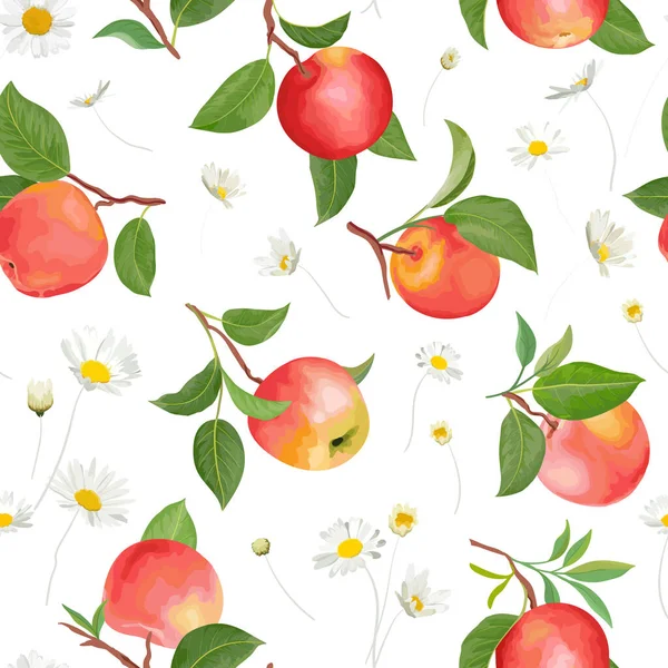 Modello di pesca con margherita, frutti tropicali, foglie, sfondo fiori. Illustrazione della texture senza soluzione di continuità vettoriale — Vettoriale Stock