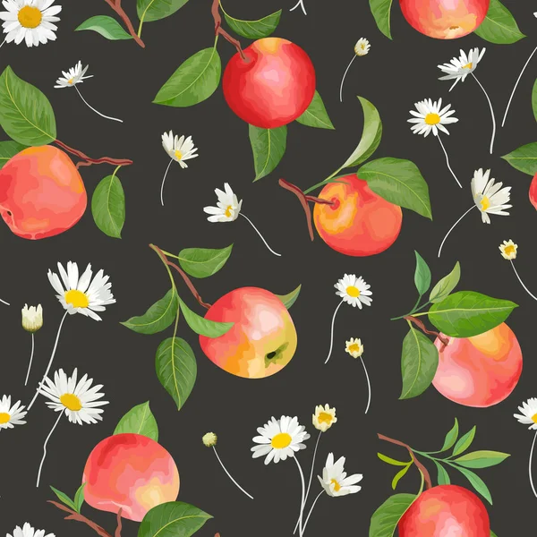 Patrón de manzana con margarita, frutas de otoño, hojas, flores de fondo. Textura sin costura vectorial — Archivo Imágenes Vectoriales