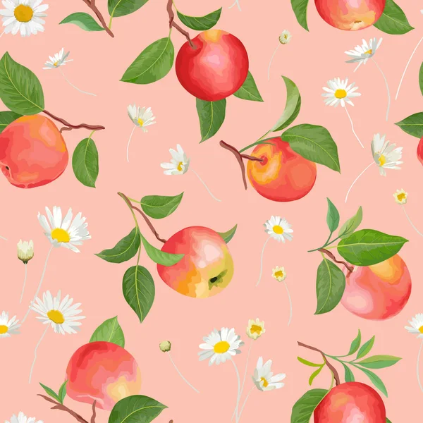 Apfelmuster mit Gänseblümchen, tropischen Früchten, Blättern, Blütenhintergrund. Vektor nahtlose Texturillustration — Stockvektor