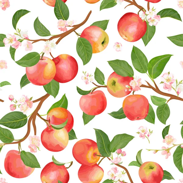Boho botanical maçã sem costura padrão. Vetor frutas do outono, flores, folhas textura. Verão fundo floral —  Vetores de Stock