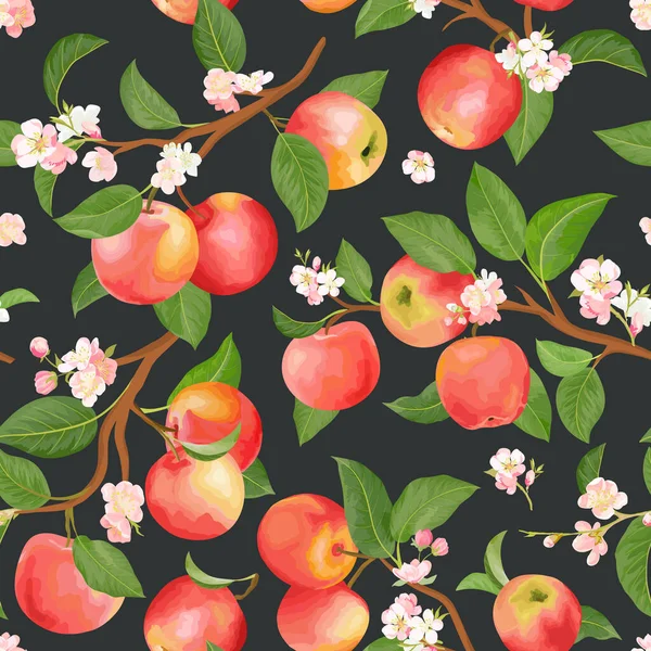 Boho modello botanico mela senza soluzione di continuità. Frutti vettoriali autunnali, fiori, foglie. Estate sfondo floreale — Vettoriale Stock