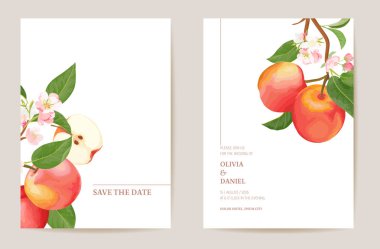 Düğün davetiyesi şeftali meyveleri, çiçekler, yapraklar. Suluboya en az şablon vektörü. Botanik Tarihi Kaydet