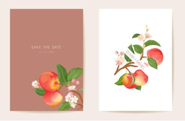 Düğün davetiyesi elması, sonbahar meyveleri, çiçekler, yapraklar. Tropik suluboya şablon vektörü