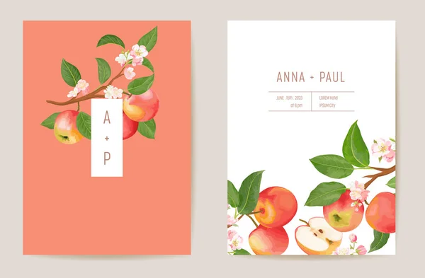 Akvarell bröllop äpple blommig inbjudan. Höstfrukter, blommor, löv kort. Botanisk Spara datum — Stock vektor