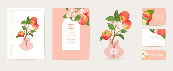 Appeluitnodigingskaart. Bruiloft vintage botanische Save the Date set. Ontwerp sjabloon van fruit, bloemen — Stockvector