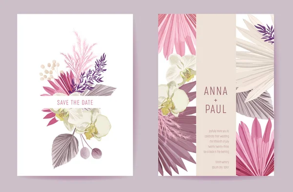 Bröllopsinbjudan torkade pastell blommor, blommor kort, torr pampas gräs, orkidé akvarell minimal mall — Stock vektor