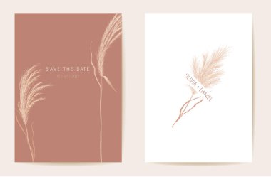 Düğün davetiyesi pampas grass boho kartı. Sonbahar suluboya şablon vektörü. Botanik Tarihi Kaydet