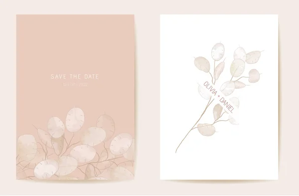 Bröllop torr ärlighet blomma inbjudan. Akvarell blommig boho lunaria kort. Botanisk Spara datum — Stock vektor
