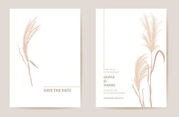 Minimale bruiloft uitnodiging pampas gras boho kaart. Herfst aquarel sjabloon vector. Botanische Save the Date — Stockvector