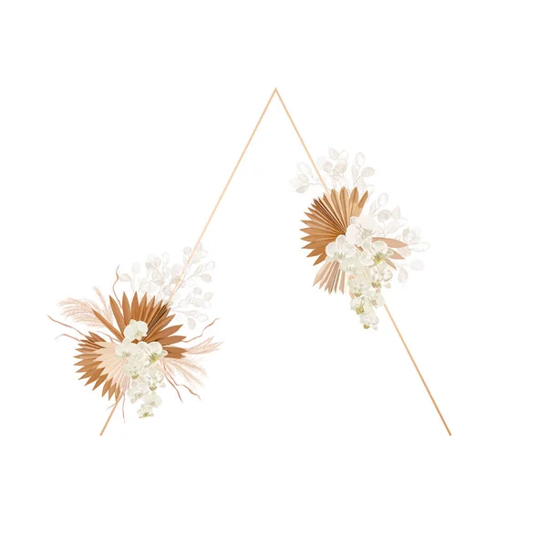 Kwiatowa ramka wektorowa dekoracji. Suszona lunaria, orchidea, wieniec ślubny z trawy pampas. Egzotyczne suche kwiaty — Wektor stockowy