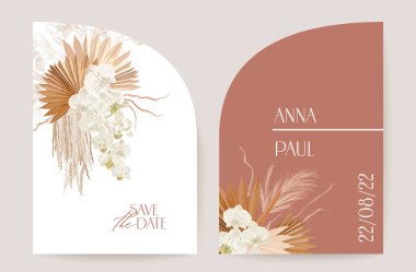 Modern minimal Art Deco wedding vector Invitation set. Boho orchid, pampas grass, lunaria card template clipart