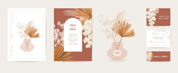 Akvarel svatba sušené lunárie, orchidej, pampas tráva květinové pozvání. Vektorové exotické suché květiny, listy palmy — Stockový vektor