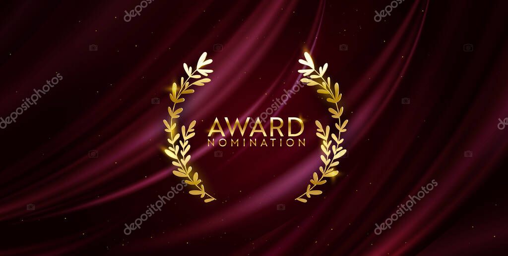 Award nomination design banner. Golden winner glitter background with laurel wreath. Vector ceremony luxury invitation template, realistic silk abstract fabric texture, prize nominee business