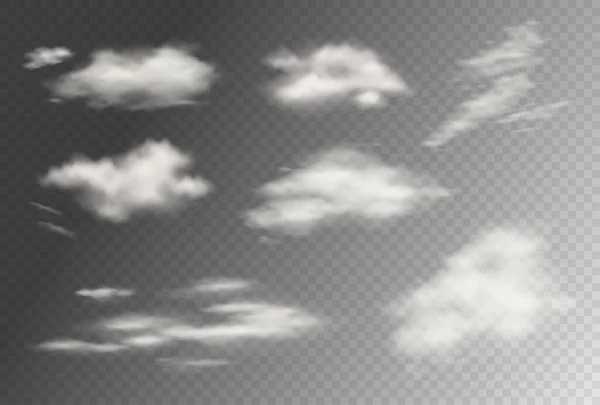 Реалістична векторна прозора колекція хмар. Хмарно пухнасте небо ілюстрація. Шторм, ефекти дощової хмари — стоковий вектор