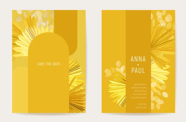 Aquarelle minimaliste mariage vecteur invitation florale. Boho Save the Date dry Palmier feuilles tropicales, fleurs lunaires — Image vectorielle