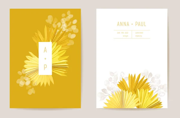 Minimal bröllop inbjudan kort mall design. Tropiska palmblad, lunaria blommor illustration ram uppsättning — Stock vektor