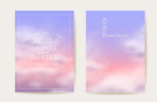 Invitación boda nubes de algodón rosa. Diseño vectorial fondo pastel mágico. Pastel de lujo guardar la fecha — Archivo Imágenes Vectoriales