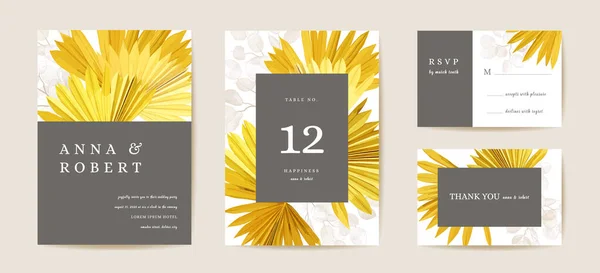 Aquarelle mariage vectoriel invitation florale, Save the Date palmier sec feuilles tropicales, lunaire fleurs carte ensemble — Image vectorielle