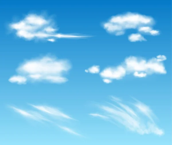 Vector realista colección de nubes transparentes. Nublado cielo esponjoso ilustración. Tormenta, efectos de nubes de lluvia — Vector de stock