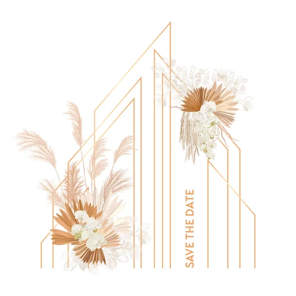 水彩花婚礼矢量框架。潘帕斯草、兰花、干棕榈叶边框模板 — 图库矢量图片