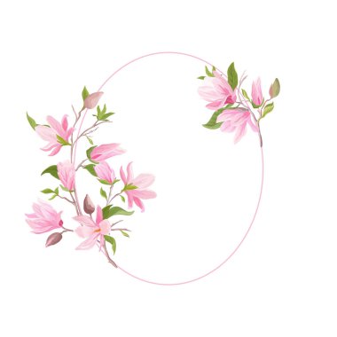 Çiçekli düğün çerçevesi, boho manolya çiçeği suluboya şablonu. Davet kutlama vektör kartı