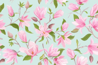 Magnolia çiçeksiz vektör deseni. Suluboya manolya çiçekleri, yapraklar, taç yaprakları, çiçek arkaplan