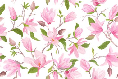Magnolia suluboya çiçeksiz vektör deseni. Manolya çiçekleri, yapraklar, yapraklar, çiçek arkaplan