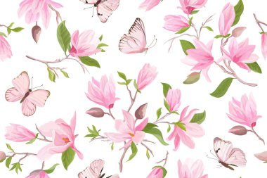 Magnolia suluboya çiçeksiz vektör deseni. Kelebekler, yaz manolyası çiçekleri, yapraklar, çiçek arkaplan