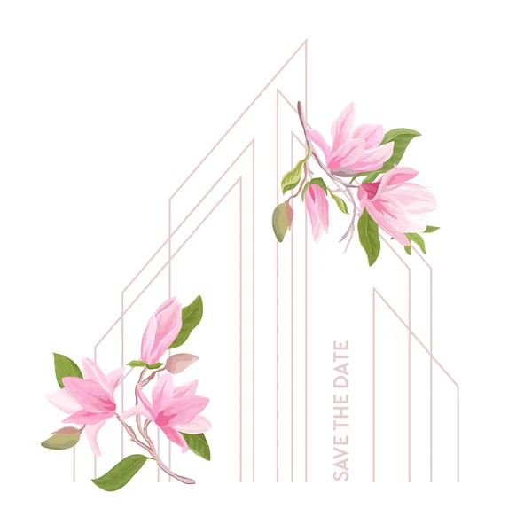 Floral Hochzeitsrahmen, Boho Magnolia Blume Aquarell Vorlage. Einladung zur Vektorkarte — Stockvektor