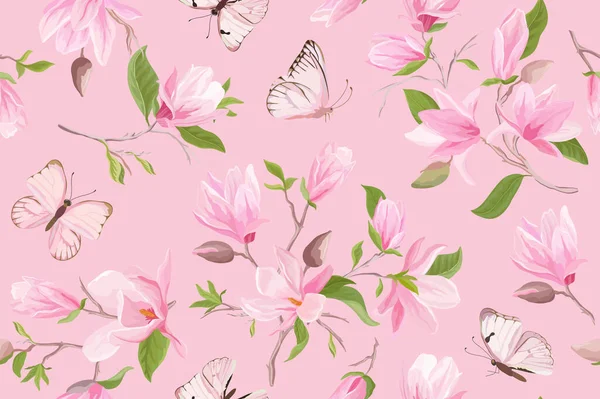 Patrón vectorial sin costura floral de magnolia acuarela. Mariposas, flores de magnolia de verano, hojas — Vector de stock