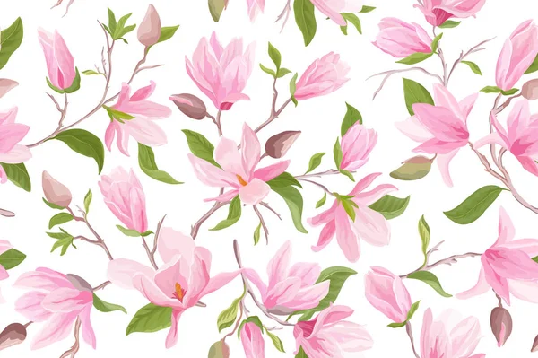 Magnolia acuarela patrón vectorial sin costura floral. Magnolia flores, hojas, pétalos, fondo de flores — Vector de stock