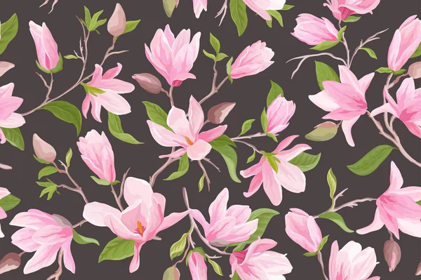 Aquarell Magnolie floralen nahtlosen Vektormuster. Magnolienblüten, Blätter, Blütenblätter, Blütenhintergrund — Stockvektor