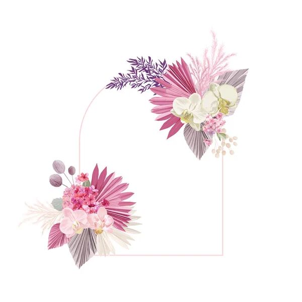 Květinová dekorace vektorový rám. Sušené tropické listy, orchideje, svatební věnec z pampasové trávy. Exotické suché květiny — Stockový vektor