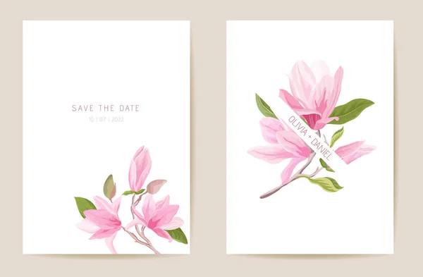 Bruiloft uitnodiging magnolia lente bloemen, bladeren. Bloemenkaart, tropisch aquarel template vector — Stockvector