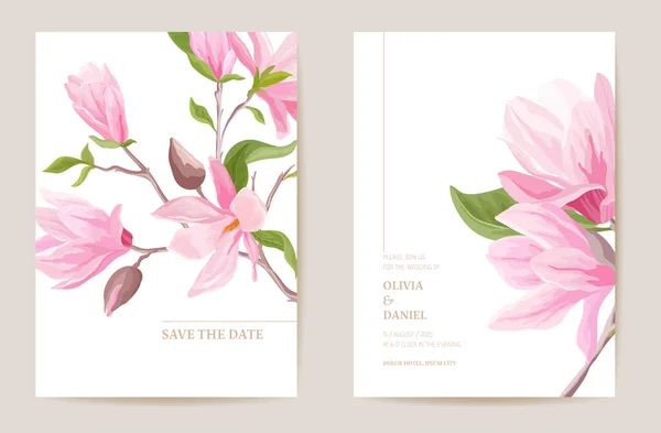 Bruiloft uitnodiging magnolia bloemen, bladeren kaart. Aquarel bloemen minimale template vector — Stockvector