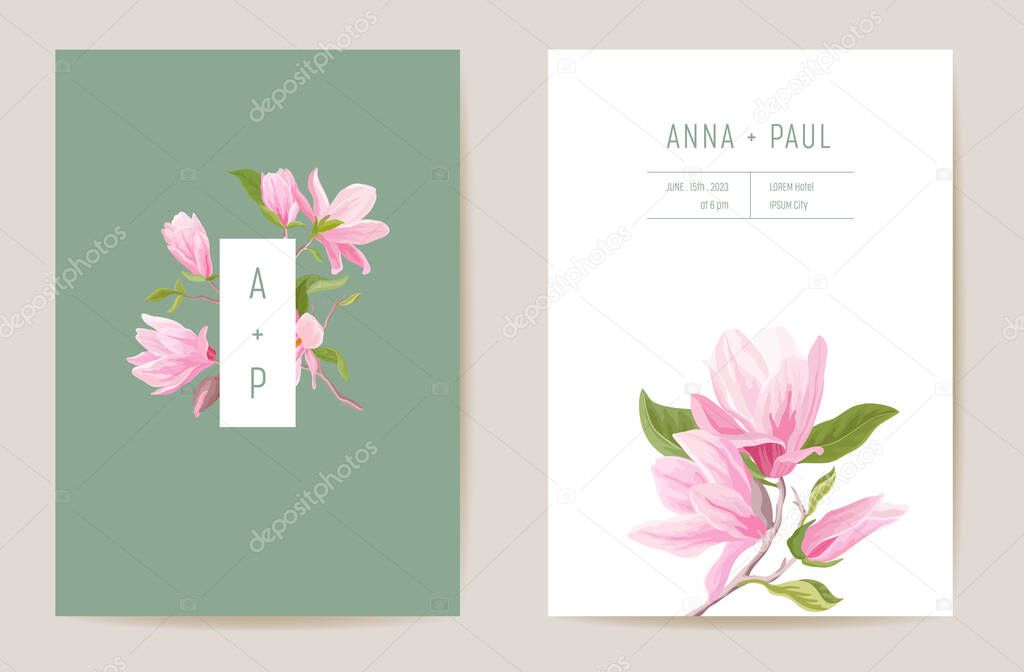 Wedding magnolia spring flowers invitation card. Floral pastel vector frame. Watercolor template botanical