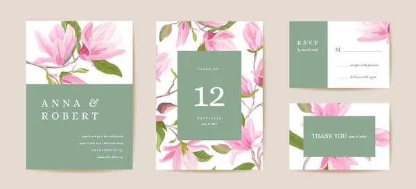 Boho bruiloft uitnodigingskaart. Vintage Save the Date lente magnolia bloemen, bloemblaadjes template ontwerp — Stockvector