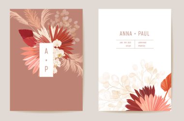 Wedding dried lunaria, orchid, pampas grass floral Save the Date set. Vector exotic dry flower, palm leaves boho clipart