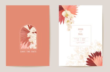 Düğün kurutulmuş ay, orkide, pampa çiçeği... Tarihi kaydedin. Vektör egzotik kuru çiçek, palmiye yaprakları boho