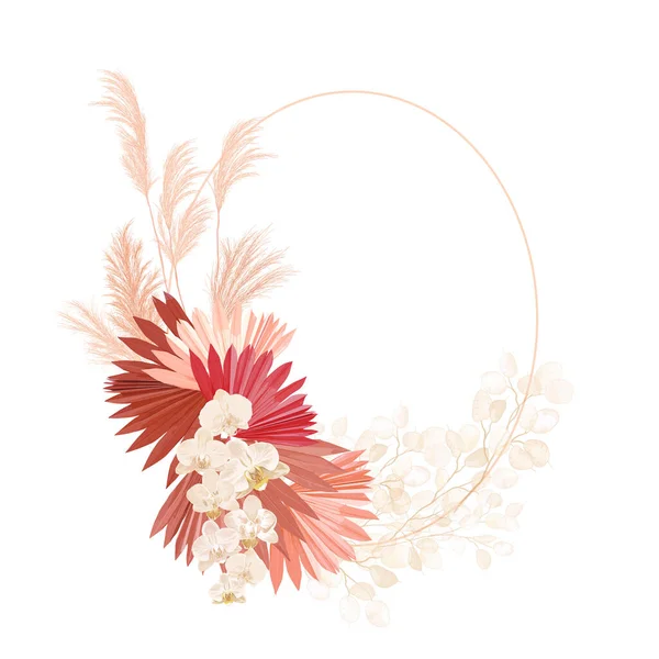Boho floreale cornice vettore di nozze. Acquerello pampas erba, fiori di orchidea, foglie di palma secche modello di confine — Vettoriale Stock