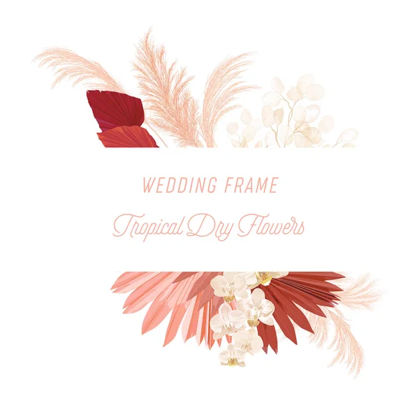 Watercolor floral wedding vector frame. Pampas grass, orchid flowers, dry palm leaves border template — Stock Vector