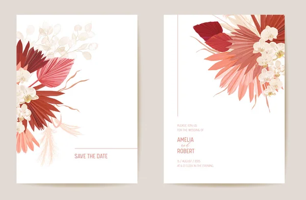 Boda seca lunaria, orquídea, pasto de pampas floral Save the Date set. Vector exótico flor seca, hojas de palma — Vector de stock