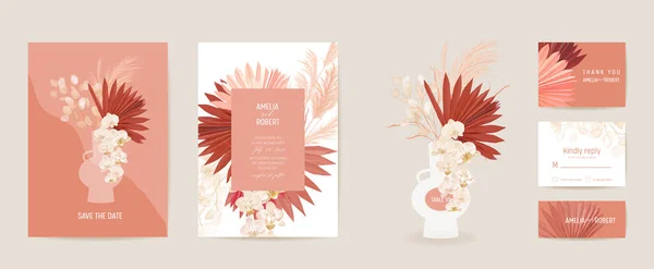 Aquarell Orchidee, Pampasgras, Lunaria florale Hochzeitskarte. Vektor exotische Blume, tropische Palmblätter Einladung — Stockvektor