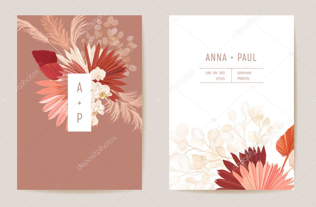 Wedding dried lunaria, orchid, pampas grass floral Save the Date set. Vector exotic dry flower, palm leaves boho